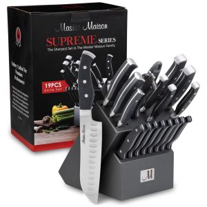 Conjunto de Facas em Aço Inoxidável com Bloco de Bancada Peças MASTER MAISON 19 Piece Premium Knife Set w Block Preto