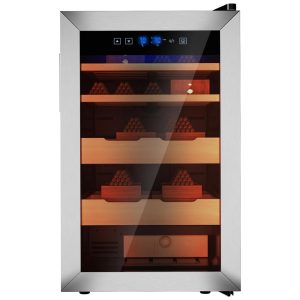 Umidor KingChii: Armário de Controle de Temperatura e Umidade de 70 Litros com Sistema de Umidificação Embutido Prateleiras de Cedro Espanhol e Gaveta com Higrômetro