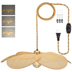 BAMWUAN Luminária Pendente de Bambu com Abajur de Rattan Estilo Flor 61cm Dimerizável para Sala Cozinha e Quarto