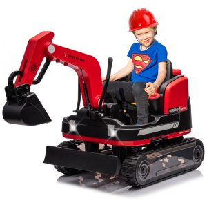 Escavadeira Infantil Elétrica JOYLDIAS Vermelha 12V 360° Rotativa Buldôzer Controle Remoto MP3 USB Trilhos Multi-Terreno Toolbox