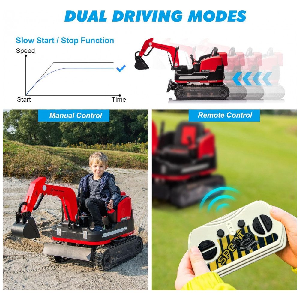 Escavadeira Infantil Elétrica JOYLDIAS Vermelha 12V 360° Rotativa Buldôzer Controle Remoto MP3 USB Trilhos Multi-Terreno Toolbox - Imagem 3