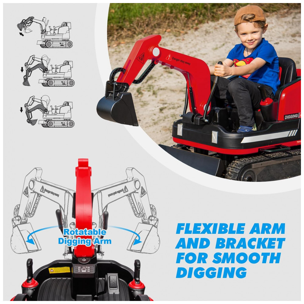 Escavadeira Infantil Elétrica JOYLDIAS Vermelha 12V 360° Rotativa Buldôzer Controle Remoto MP3 USB Trilhos Multi-Terreno Toolbox - Imagem 4