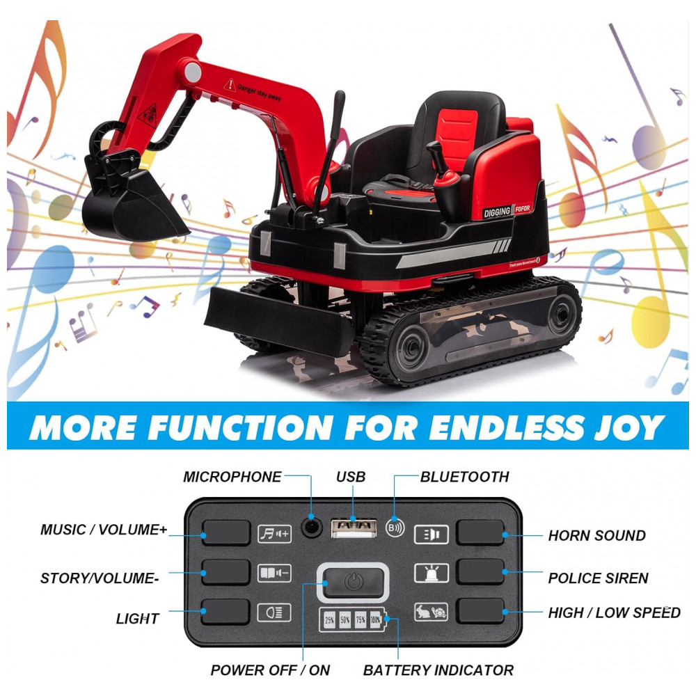Escavadeira Infantil Elétrica JOYLDIAS Vermelha 12V 360° Rotativa Buldôzer Controle Remoto MP3 USB Trilhos Multi-Terreno Toolbox - Imagem 5