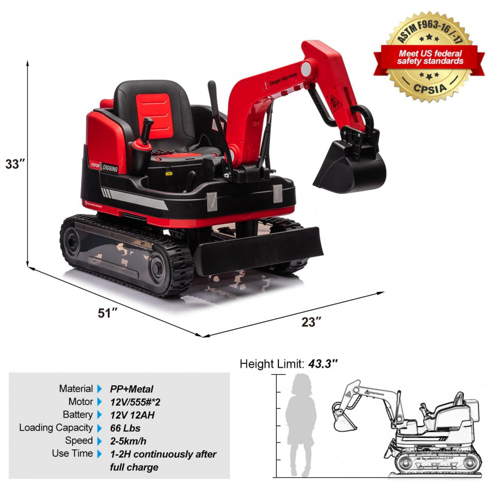Escavadeira Infantil Elétrica JOYLDIAS Vermelha 12V 360° Rotativa Buldôzer Controle Remoto MP3 USB Trilhos Multi-Terreno Toolbox - Imagem 6