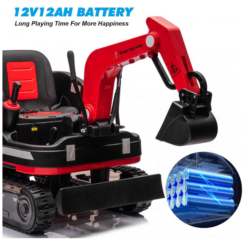 Escavadeira Infantil Elétrica JOYLDIAS Vermelha 12V 360° Rotativa Buldôzer Controle Remoto MP3 USB Trilhos Multi-Terreno Toolbox - Imagem 7