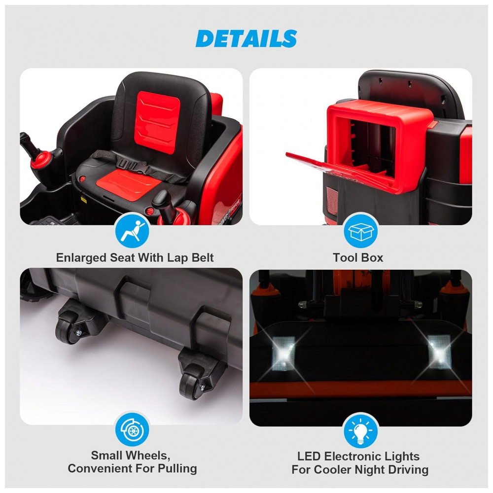 Escavadeira Infantil Elétrica JOYLDIAS Vermelha 12V 360° Rotativa Buldôzer Controle Remoto MP3 USB Trilhos Multi-Terreno Toolbox - Imagem 8