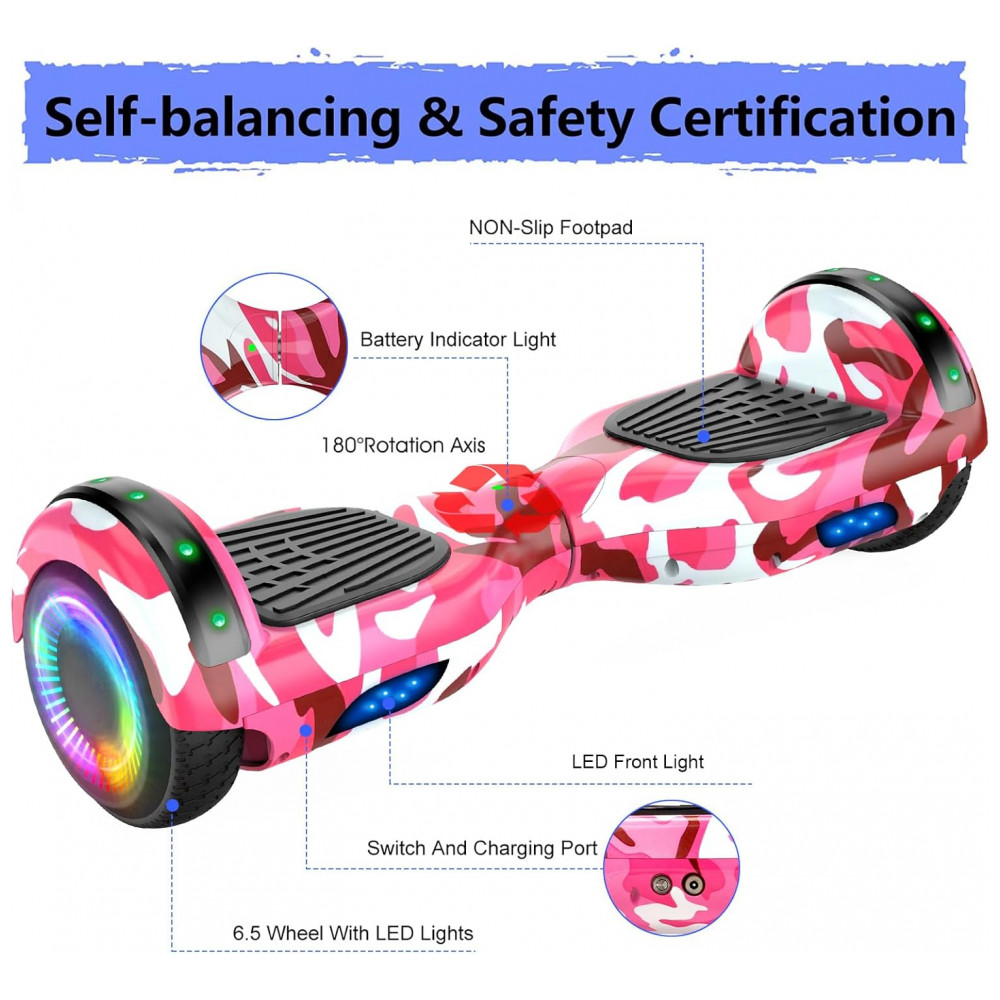 Hoverboard LIEAGLE 6,5" Rosa Camuflado com Go Kart, Rodas LED e Bluetooth para Crianças e Adultos - Imagem 2