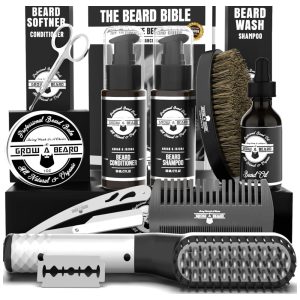 Kit para Barba Profissional Portátil com Cera e Pente 10 Itens GROW ALPHA BEARD Preto