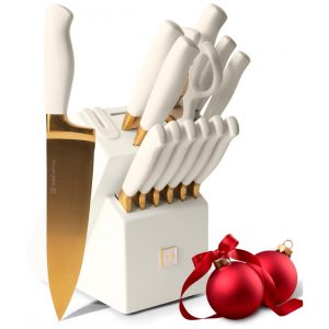 Conjunto de Facas Revestidas de Titânio com Bloco de Bancada e Afiador Embutido 14 Peças STYLED SETTINGS Branco e Dourado