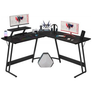 Mesa Gamer em L Homall Preto Clássico 130 cm com Suporte para Monitor Grande Removível e Gaveta Acabamento Polido Estrutura em Z