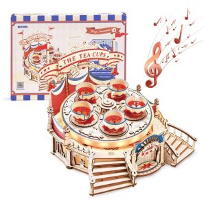 Quebra Cabeças 3D em Madeira para Adultos Tema Caixa de Música Xícaras de Chá Giratórias com 280 Peças ROKR RL-EA04 Marrom e Vermelho