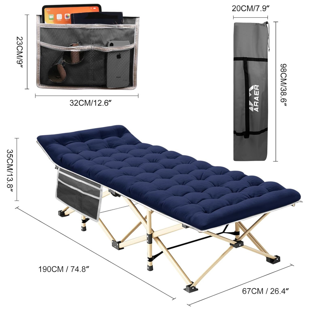 Cama Dobrável Portátil para Acampamento com Acolchoado e Bolsa de Transporte Suporta 204 kg ARAER Cinza e Azul - Imagem 7