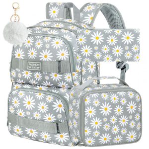 Mochila AGSDON 3 em 1 cinza com estampa de margaridas para notebook 17" com lancheira e estojo