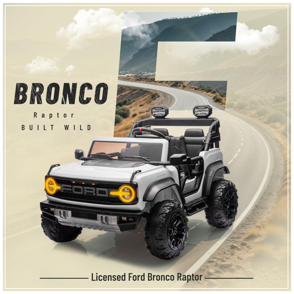 Carrinho Elétrico Licenciado Infantil 2 Lugares 24V, Ford Bronco Raptor 4x4, 2 Motores 90W, Bluetooth, Suspensão 4 Rodas, Controle Remoto, YOFE, Branco - Imagem 2