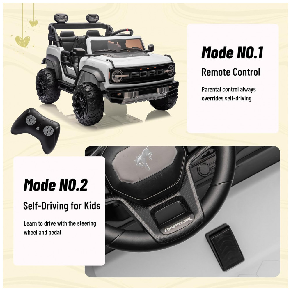 Carrinho Elétrico Licenciado Infantil 2 Lugares 24V, Ford Bronco Raptor 4x4, 2 Motores 90W, Bluetooth, Suspensão 4 Rodas, Controle Remoto, YOFE, Branco - Imagem 4