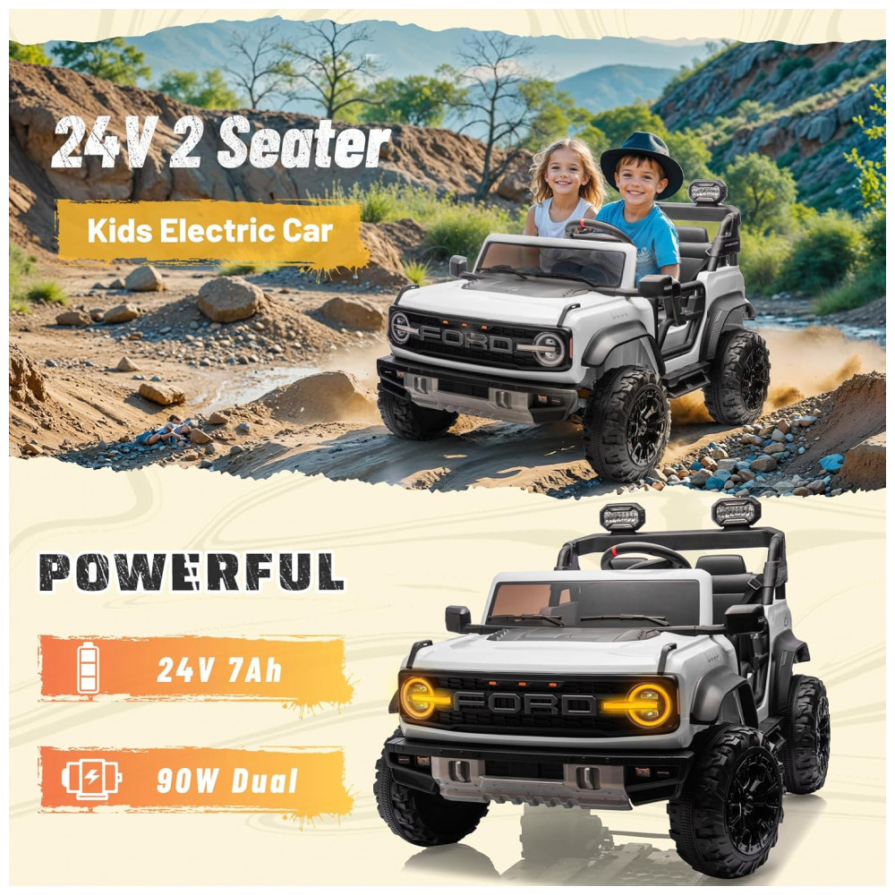 Carrinho Elétrico Licenciado Infantil 2 Lugares 24V, Ford Bronco Raptor 4x4, 2 Motores 90W, Bluetooth, Suspensão 4 Rodas, Controle Remoto, YOFE, Branco - Imagem 5