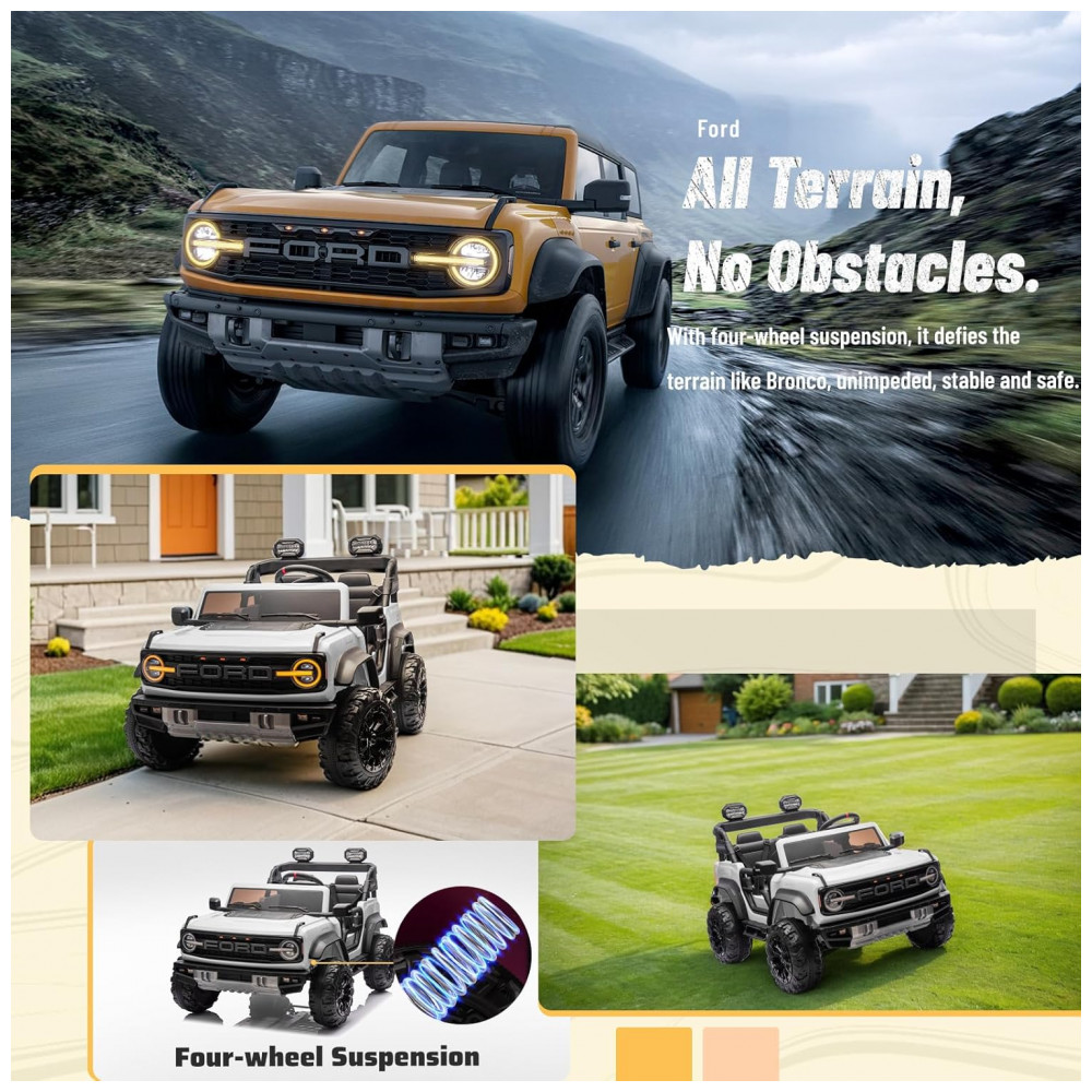 Carrinho Elétrico Licenciado Infantil 2 Lugares 24V, Ford Bronco Raptor 4x4, 2 Motores 90W, Bluetooth, Suspensão 4 Rodas, Controle Remoto, YOFE, Branco - Imagem 6