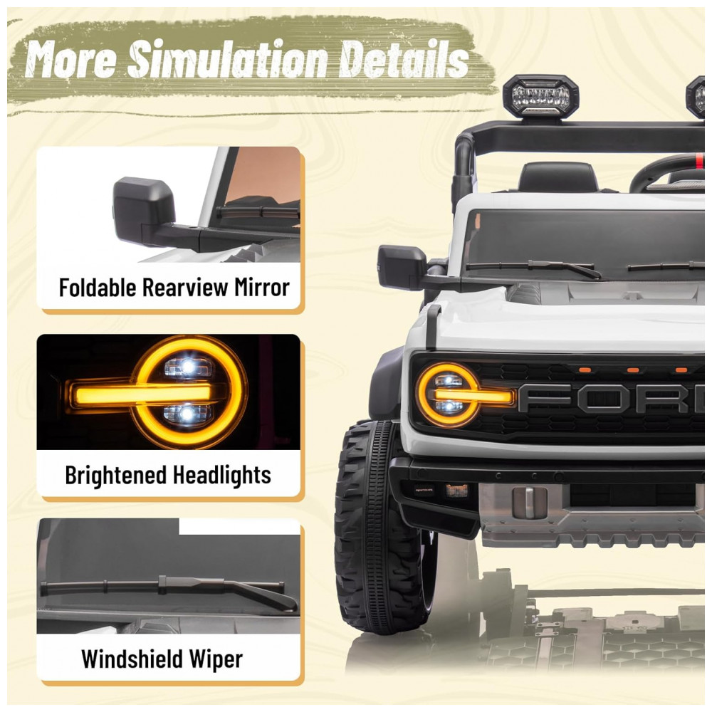 Carrinho Elétrico Licenciado Infantil 2 Lugares 24V, Ford Bronco Raptor 4x4, 2 Motores 90W, Bluetooth, Suspensão 4 Rodas, Controle Remoto, YOFE, Branco - Imagem 7
