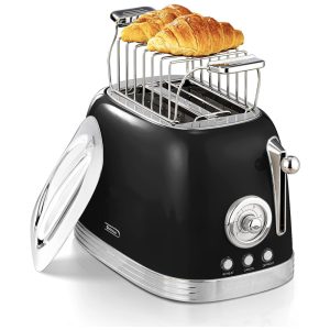 Torradeira 2 Fatias Vintage com Tampa de Aço Inoxidável Acessório para Pão 6 Níveis de Tostagem e Funções de Pré-aquecimento 110V 815W Wiltal TS06 Preta