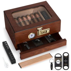 Umidor de Charutos de Cedro com Tampo de Vidro Gaveta de Acessórios e Trava de Combinação - Presente de Luxo para Homens Amantes de CharutosTesonway