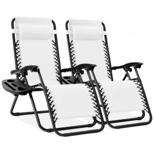 Conjunto de 2 Cadeiras de Praia Reclináveis de Malha de Aço da Best Choice Products com Bandejas para Copos