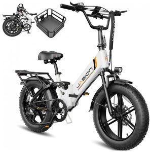 Bicicleta elétrica dobrável Jasion X-Hunter ST branca com cesto pneus 20x4 motor 750W pico 1400W bateria 48V 13Ah 70 km 110V
