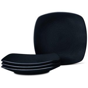 Conjunto de Pratos para Jantar com 4 Peças Formato Quadrado Material de Porcelana e Designer em Círculos Concêntricos em Espiral Noritake 43817-586D Preto