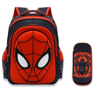 Mochila escolar infantil Telifor herói aracnídeo 3D com estojo nylon impermeável grande capacidade 15" azul e vermelho