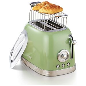 Torradeira 2 Fatias Vintage com Tampa de Aço Inoxidável Acessório para Pão 6 Níveis de Tostagem e Funções de Pré-aquecimento 110V 815W Wiltal TS06 Verde
