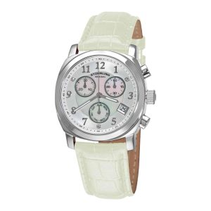 Relógio Cronógrafo Fiorenza 246 de 35mm com pulseira de couro branco e mostrador prata.