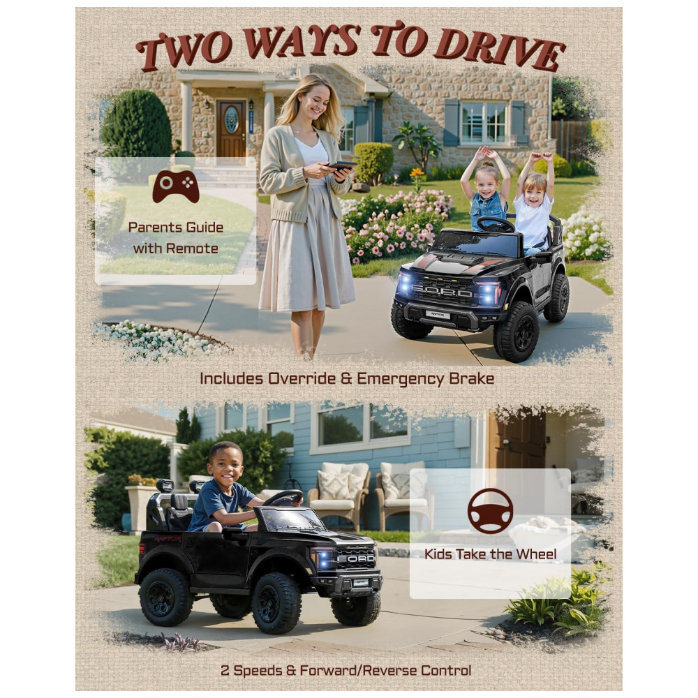 Carro Elétrico Infantil Licenciado Ford F-150 Raptor 24V Preto 2 Lugares com Controle Remoto Bluetooth Luzes LED Baú e Partida Suave - Imagem 3
