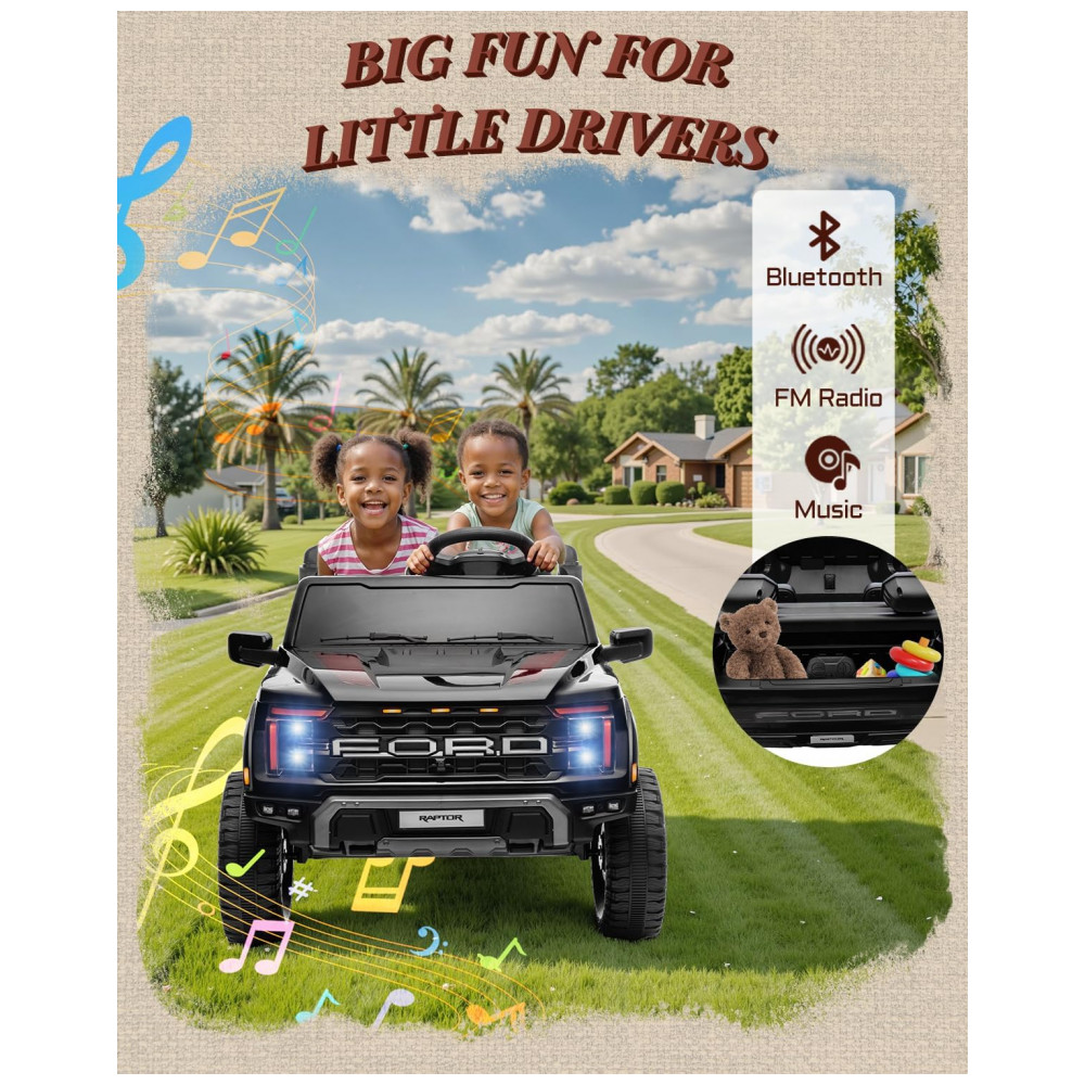 Carro Elétrico Infantil Licenciado Ford F-150 Raptor 24V Preto 2 Lugares com Controle Remoto Bluetooth Luzes LED Baú e Partida Suave - Imagem 4