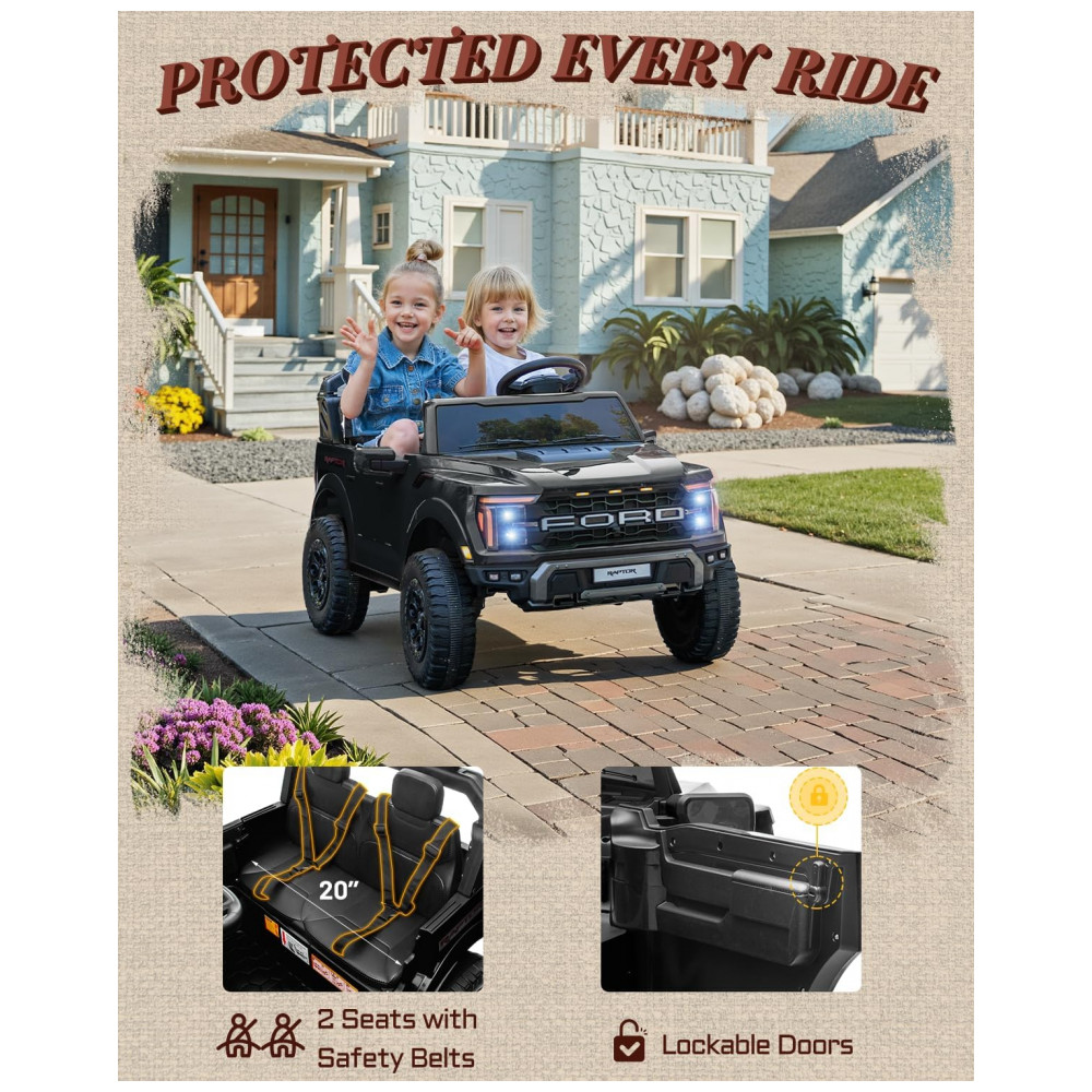 Carro Elétrico Infantil Licenciado Ford F-150 Raptor 24V Preto 2 Lugares com Controle Remoto Bluetooth Luzes LED Baú e Partida Suave - Imagem 5