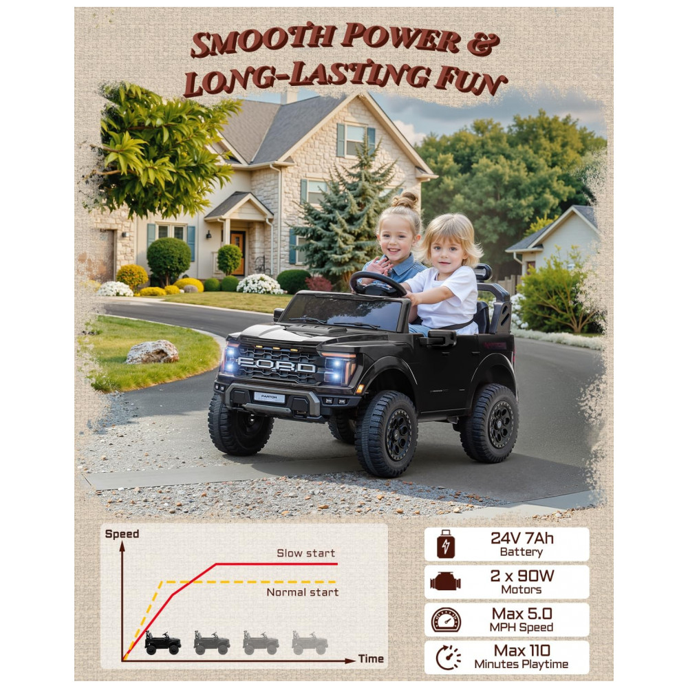 Carro Elétrico Infantil Licenciado Ford F-150 Raptor 24V Preto 2 Lugares com Controle Remoto Bluetooth Luzes LED Baú e Partida Suave - Imagem 6