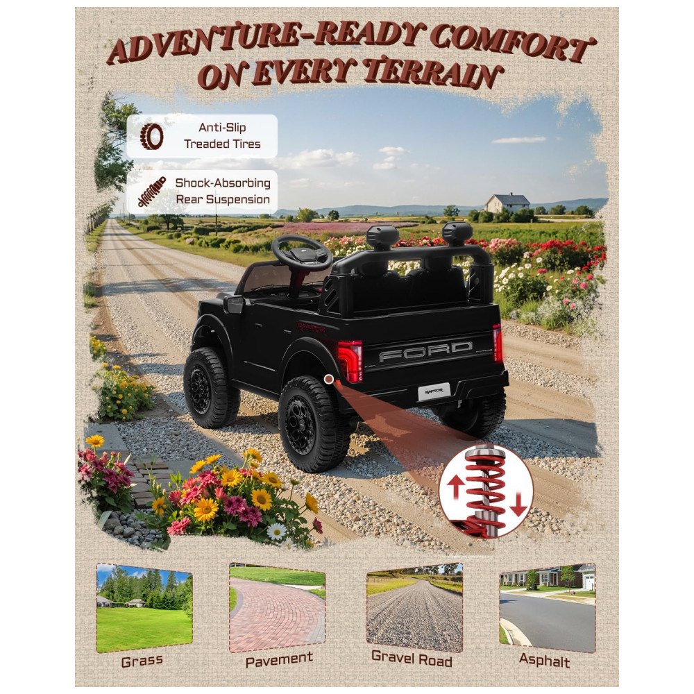 Carro Elétrico Infantil Licenciado Ford F-150 Raptor 24V Preto 2 Lugares com Controle Remoto Bluetooth Luzes LED Baú e Partida Suave - Imagem 7