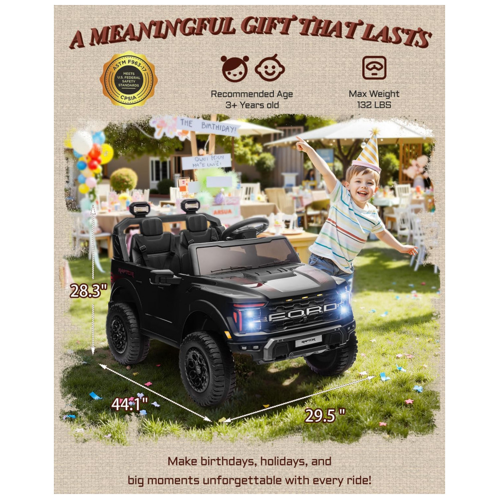 Carro Elétrico Infantil Licenciado Ford F-150 Raptor 24V Preto 2 Lugares com Controle Remoto Bluetooth Luzes LED Baú e Partida Suave - Imagem 8