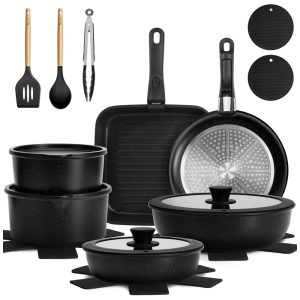 Jogo de Panelas e Frigideiras Antiaderentes Material em Alumínio com 22 Peças Cabo Removível e Utensílios de Cozinha Kikcoin Preto