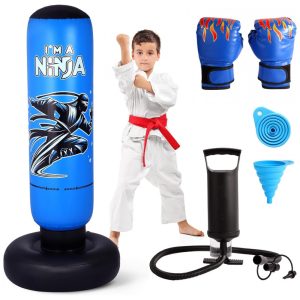 Onirii Kit Boxe Inflável Infantil Ninja Azul 168cm com Luvas e Bomba - Brinquedo Fitness 4 em 1 para Crianças 5-12 Anos