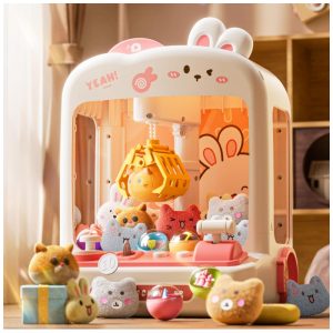 Máquina de Garra Branca e Rosa STACTCUTE – Mini Arcade Infantil com 55 Peças Luzes LED Som e Prêmios Personalizáveis