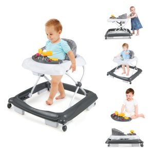 Andador Infantil BABY JOY Cinza 4 em 1 Dobrável Altura Ajustável Músicas Luzes Antitombo Rodas Atividade 7-14 Meses