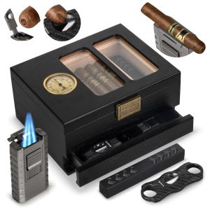 Umidor de Cedro para Charutos Usewire 20-35 Charutos Higrômetro Isqueiro e Cortador de Charuto Ideal para Presentear com Elegância e Precisão
