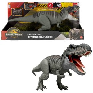Dinossauro articulado Mattel Jurassic World Rebirth Power Devour Tyrannosaurus Rex com mordida contínua luzes sons e integração digital via app
