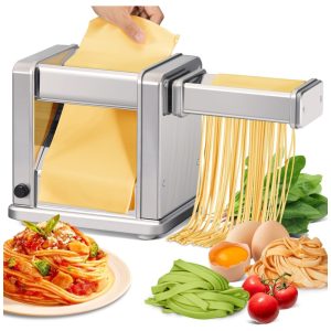 Máquina de Macarrão Elétrica em Aço Inoxidável com Cortador de Rolos Ajustável 7 Espessuras 2 Larguras para Spaghetti Fettuccini LasanhaMaxceysen