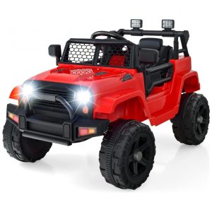 Caminhão Elétrico Infantil OLAKIDS Vermelho 12V Jeep 2 Velocidades Controle Remoto Suspensão Porta Dupla LED Música USB MP3 TF