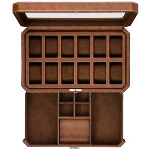 Caixa Estojo de Couro com Gaveta de Manobrista para Relógios com 12 Compartimentos ROTHWELL Marrom