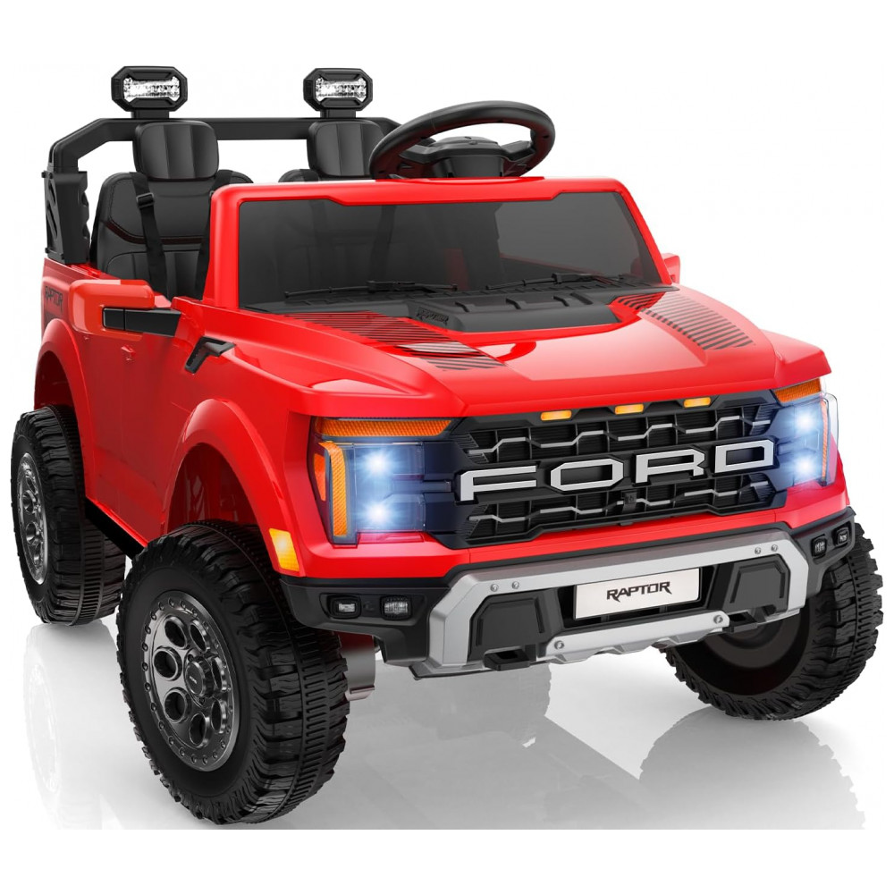 Carro Elétrico Infantil Licenciado Ford F-150 Raptor 24V Vermelho 2 Lugares com Controle Remoto, Bluetooth, Luzes LED, Baú e Partida Suave