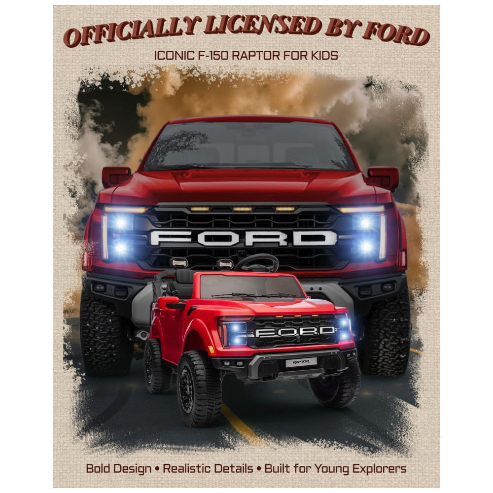 Carro Elétrico Infantil Licenciado Ford F-150 Raptor 24V Vermelho 2 Lugares com Controle Remoto, Bluetooth, Luzes LED, Baú e Partida Suave - Imagem 2