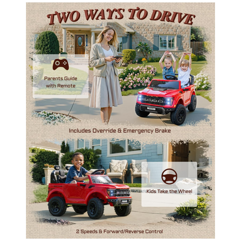Carro Elétrico Infantil Licenciado Ford F-150 Raptor 24V Vermelho 2 Lugares com Controle Remoto, Bluetooth, Luzes LED, Baú e Partida Suave - Imagem 3