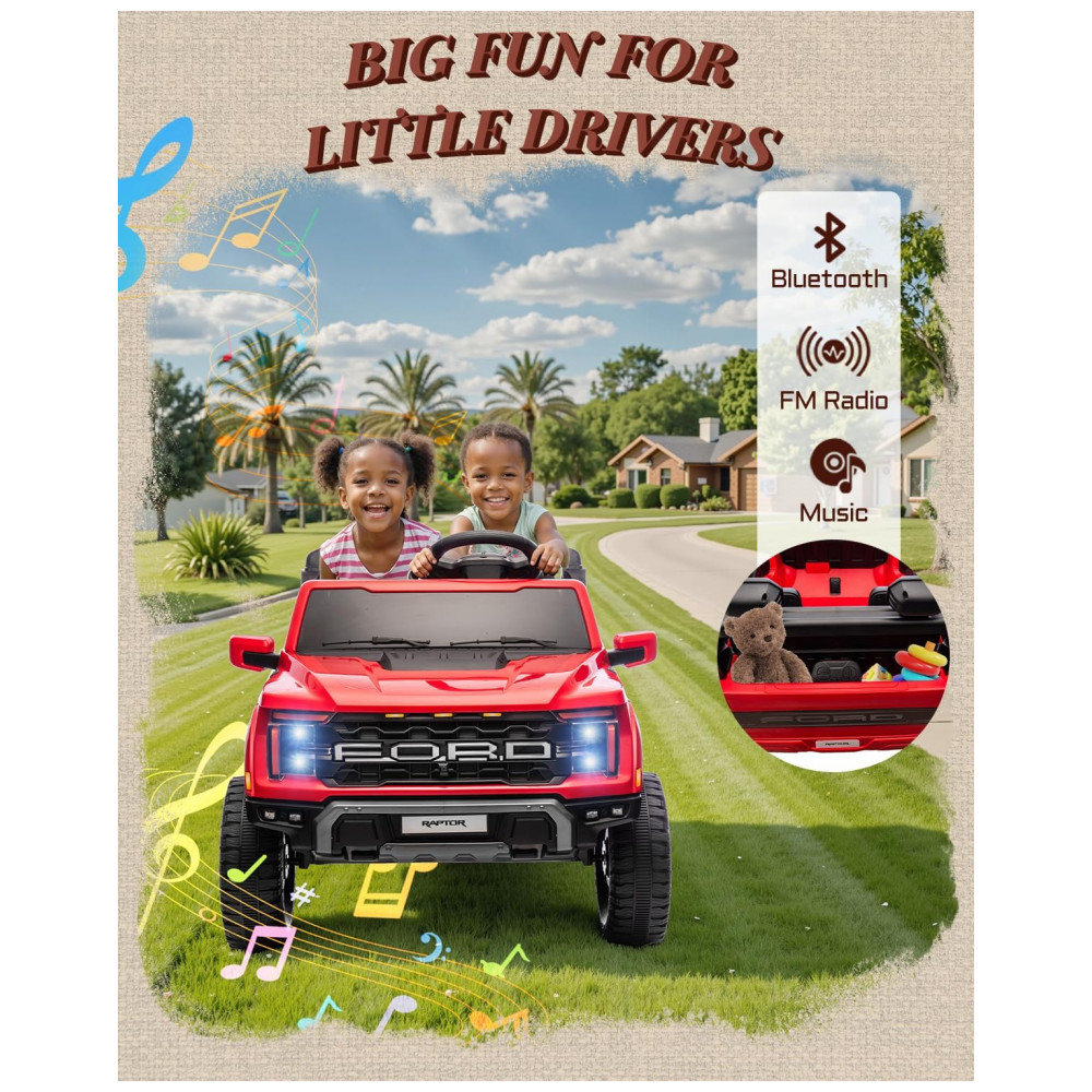 Carro Elétrico Infantil Licenciado Ford F-150 Raptor 24V Vermelho 2 Lugares com Controle Remoto, Bluetooth, Luzes LED, Baú e Partida Suave - Imagem 4
