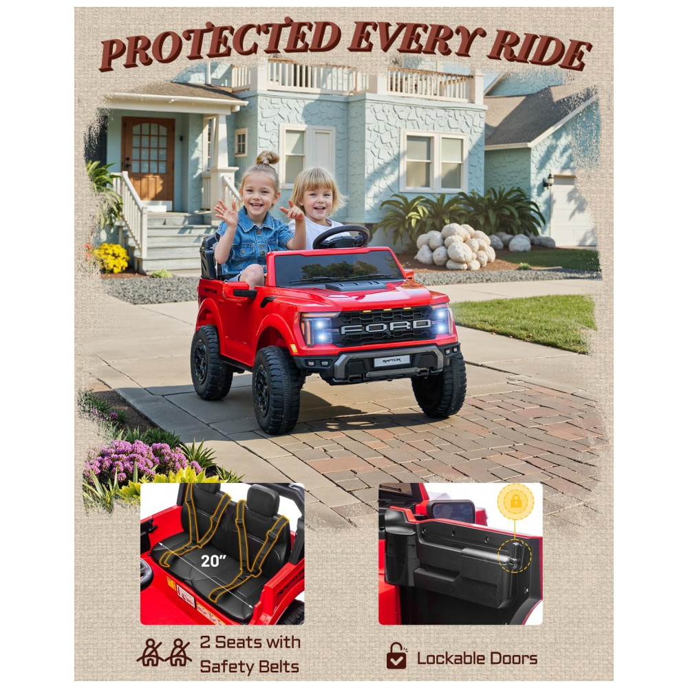 Carro Elétrico Infantil Licenciado Ford F-150 Raptor 24V Vermelho 2 Lugares com Controle Remoto, Bluetooth, Luzes LED, Baú e Partida Suave - Imagem 5